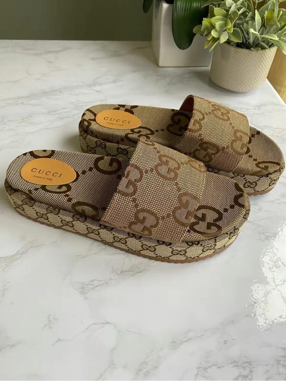 Gucci Women's Tan Monogram Platform Sandals